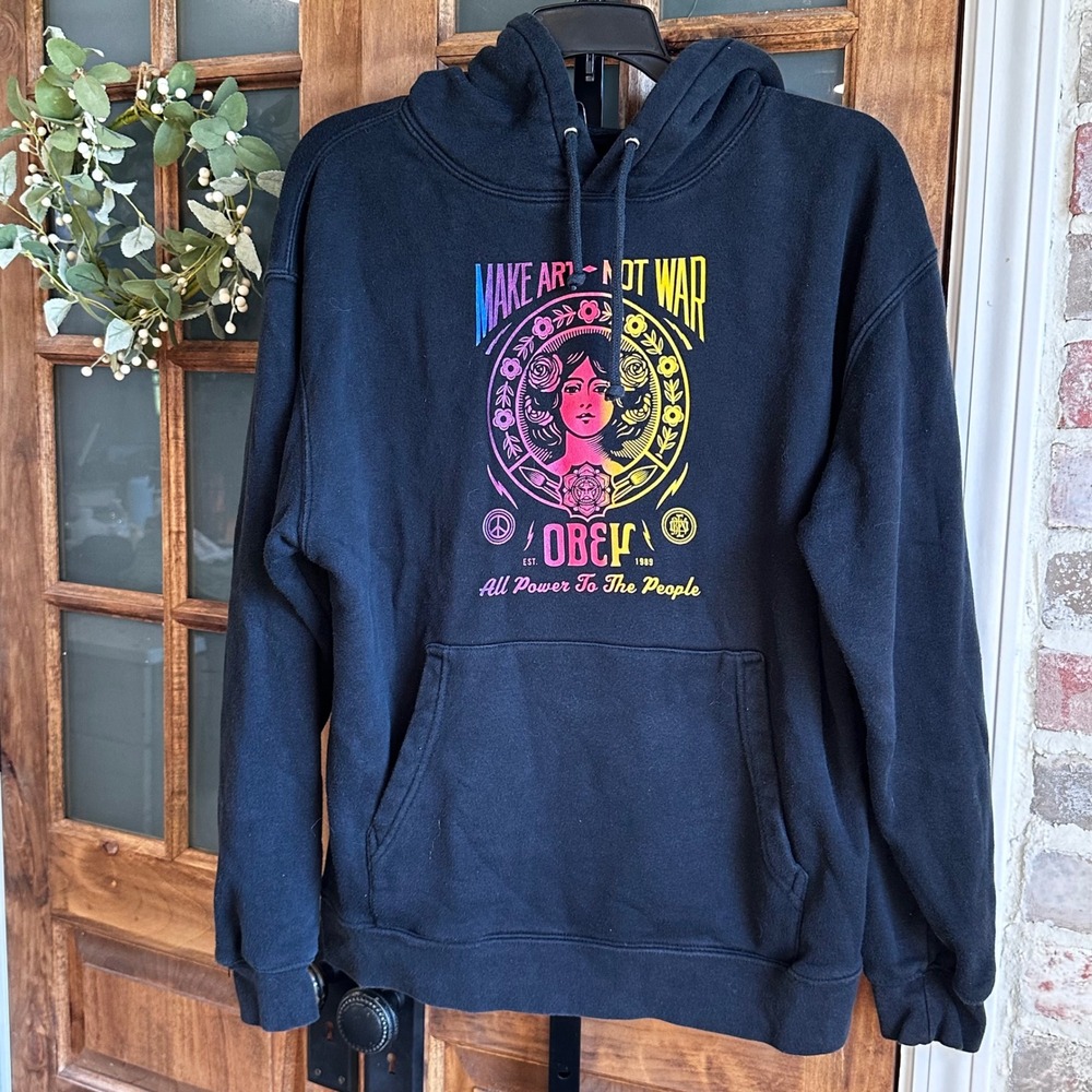 Obey Hoodie Women Black Make Art Not War Shepard Fairey Graphic Sweatshirt M
